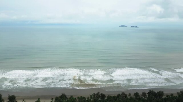 Beautiful Aerial View Of Siru Village Beach For Holiday And Facing Open Blue Sea Kuching,Sarawak.