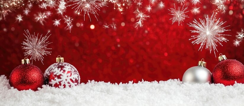 Christmas ornaments on snow with sparkling background and copy space for text. Red and silver baubles with festive decorations.