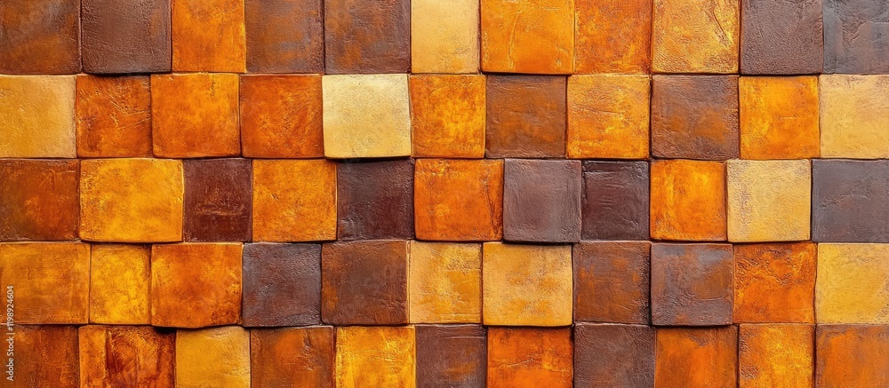 Poster wooden wall paneling with a grid pattern in various shades of brown and orange with copy space for t