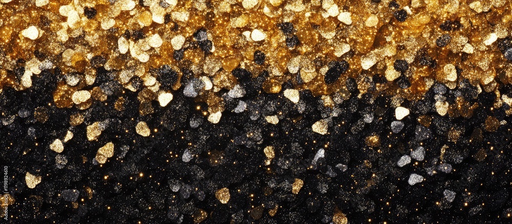 Poster close-up of a textured abstract background featuring various sizes of black, gold, and white grains 