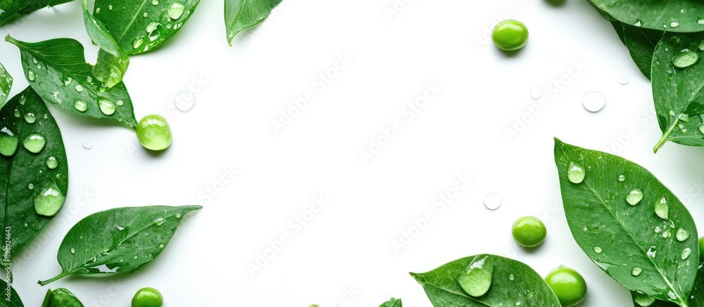 Poster green leaves with water droplets and pea pods arranged in a frame on a white background with copy sp