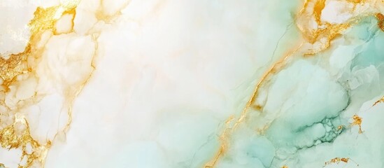 Abstract fluid marble texture with shades of turquoise, gold and white, featuring ample copy space for text placement.