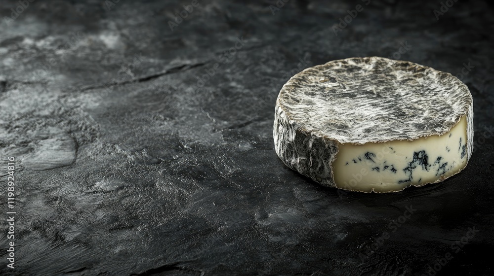 Poster Blue cheese round on a textured dark slate surface with copy space for text