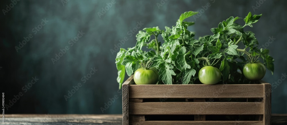Aufkleber fresh green tomatoes and herbs arranged in a wooden crate on a rustic table with dark textured backg