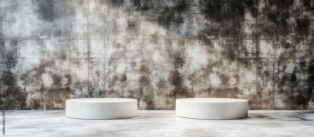 Poster minimalist display podiums on a textured concrete wall background with copy space for product placem