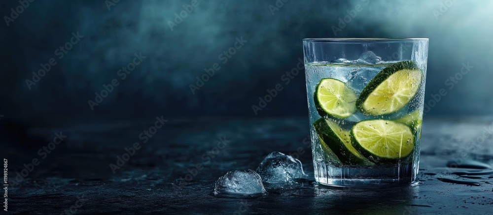 Poster refreshing cocktail with lime slices and ice cubes in a glass on a dark textured background with cop