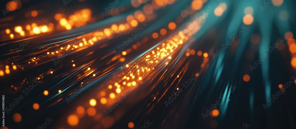 Poster abstract glowing lines with orange and blue particles on a dark background, high dynamic range and d