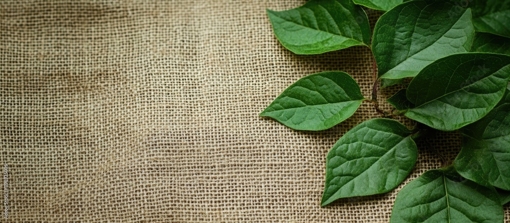 Poster green leaves on a textured burlap background with copy space for text or design elements