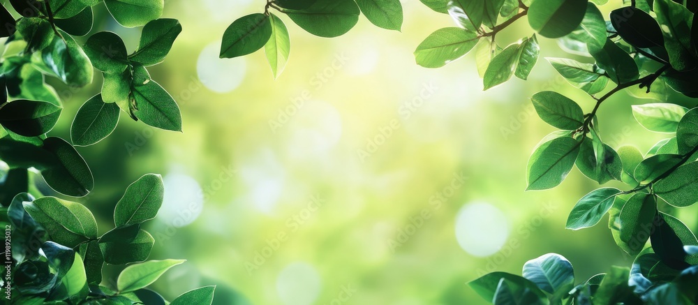 Poster green foliage frame with blurred background and soft light, ideal for nature themed compositions wit