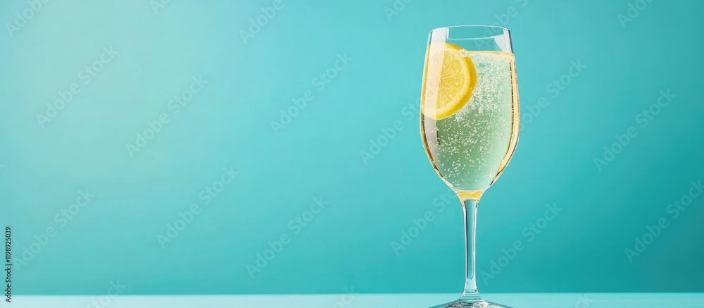 Aufkleber lemonade cocktail in a glass with a slice of lemon on a blue background with copy space for text