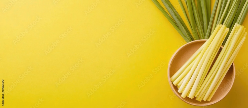 Poster fresh green onions arranged in a bowl on a vibrant yellow background with ample copy space for text 