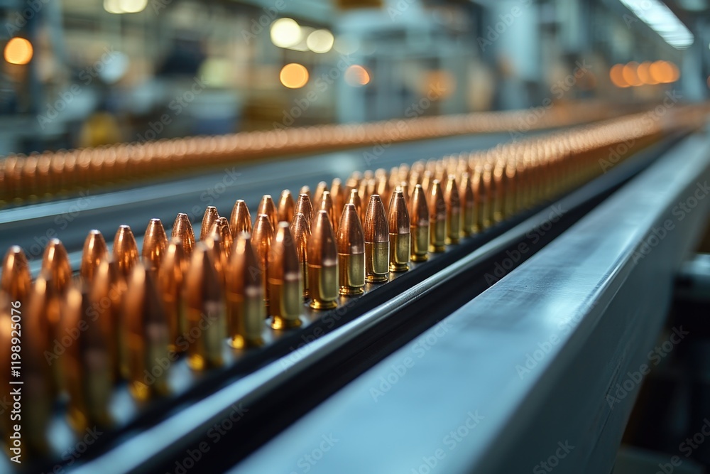 Poster a conveyor belt transporting bullet heads in a factory setting