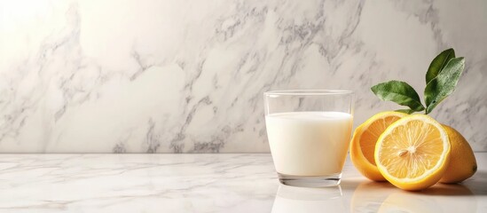 Fresh lemon and glass of milk on marble background with copy space for text