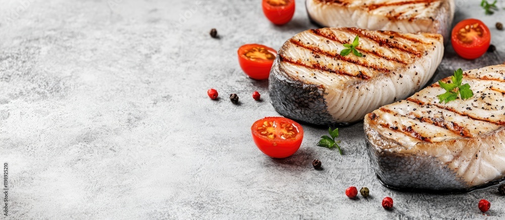 Poster Grilled fish fillets with cherry tomatoes and peppercorns on a textured gray surface with Copy Space for text placement