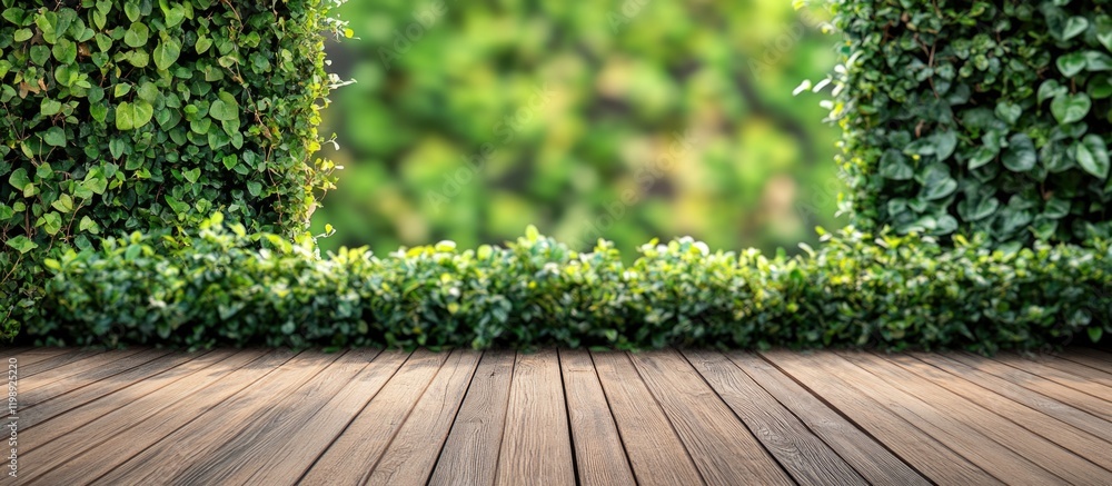 Poster Wooden floor with lush green foliage in background and open space for text with soft focus on greenery. Ideal for nature themes. Copy Space.