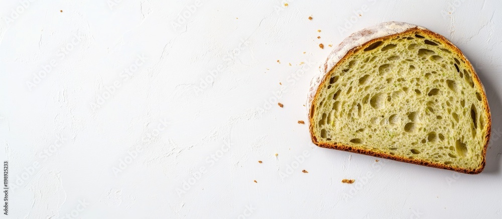 Aufkleber sliced green bread on white background with crumbs and copy space for text or design