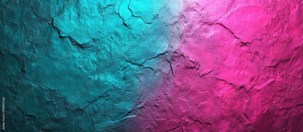 Poster textured wall background in gradient colors of turquoise and magenta with distinct cracks and crevic