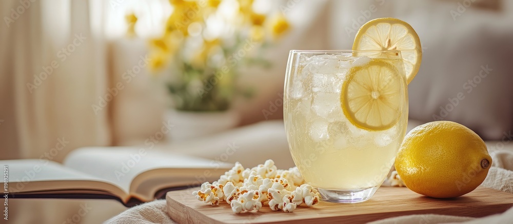 Poster Refreshing lemonade with ice served in a glass with lemon slices next to popcorn and a book on a cozy indoor setting with flowers in background Copy Space
