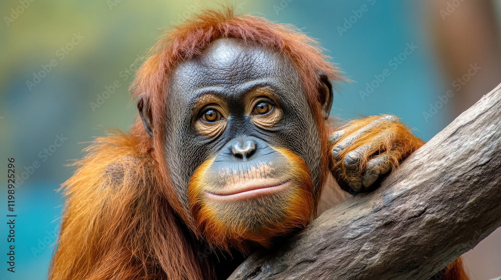 Poster young primate with orange fur resting on branch, displaying curious expression. background is softly