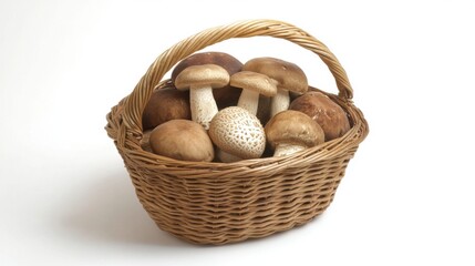 Freshly Harvested Wild Mushrooms in Wicker Basket