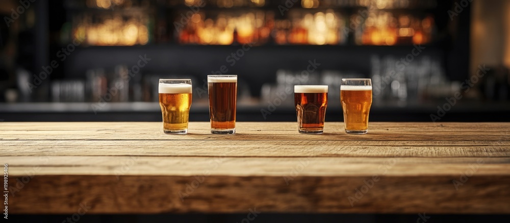 Poster assorted craft beers in glass mugs arranged on wooden bar counter with blurred background and copy s