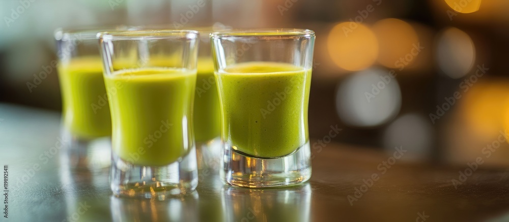 Aufkleber green shot glasses lined up on a bar counter with blurred background and copy space for text.