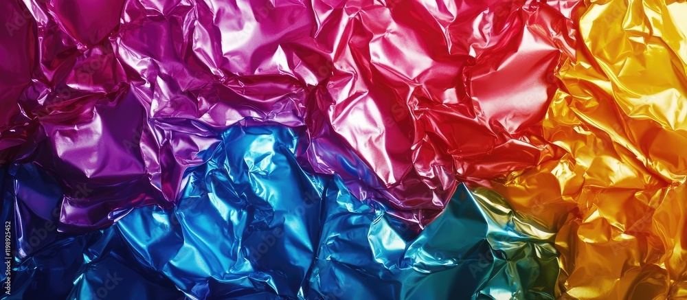 Poster colorful crumpled glossy foil background in shades of red blue and yellow with texture and copy spac