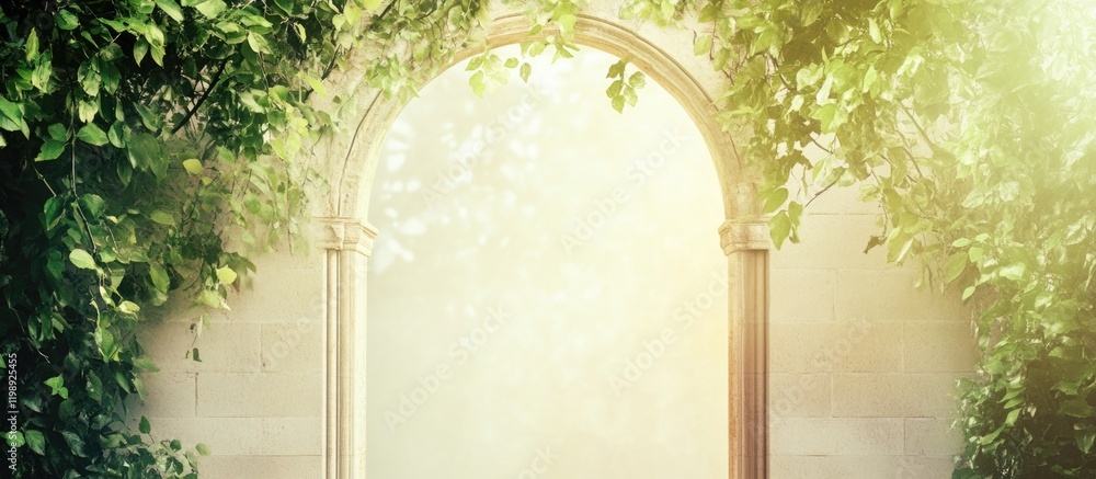 Aufkleber sunlit archway surrounded by lush greenery with copy space for text placement