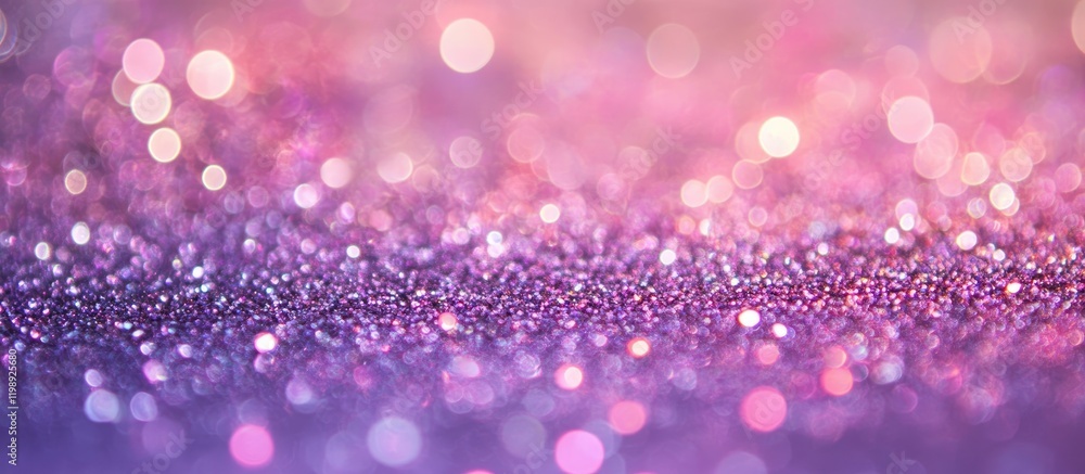 Poster shimmering purple and pink glitter background with soft bokeh effect and copy space for text.