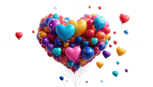 A floating planet made of heart-shaped balloons in various bright hues, suspended in a cosmic expanse with vibrant stars and colorful galaxies shining in the background, on a white transparent backgro