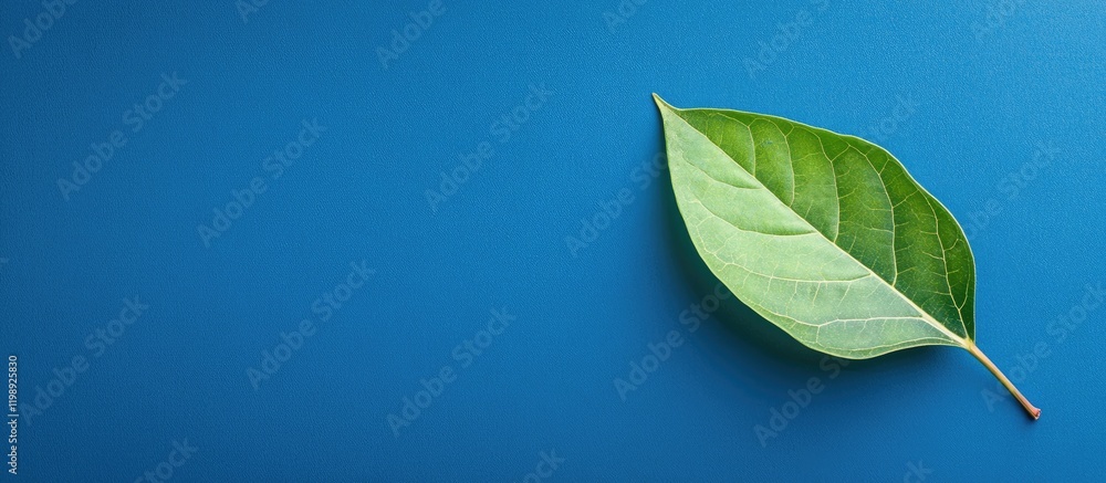 Aufkleber single green leaf on blue background with ample copy space for text insertion.