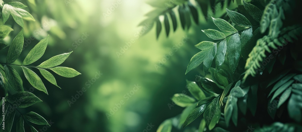 Poster lush green foliage with soft bokeh background showing detailed leaves and copy space for text placem