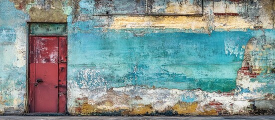 Weathered wall with peeling paint and blue hues featuring a red door and ample copy space for text insertion