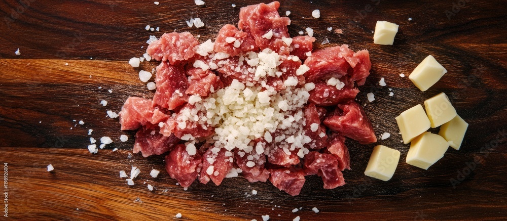 Poster raw diced meat with salt and cubes of butter on a wooden cutting board with copy space for text
