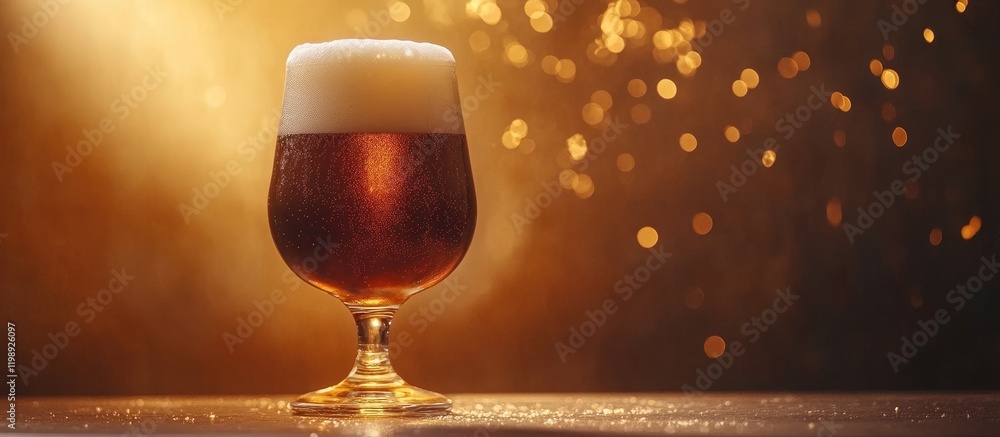 Poster glass of amber beer with frothy head against sparkling golden bokeh background with copy space