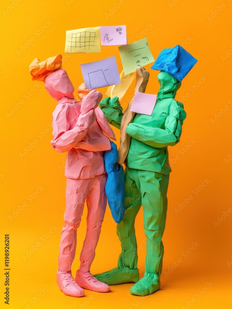 Poster creative clay characters brainstorming together with sticky notes, full body isolated on color backg