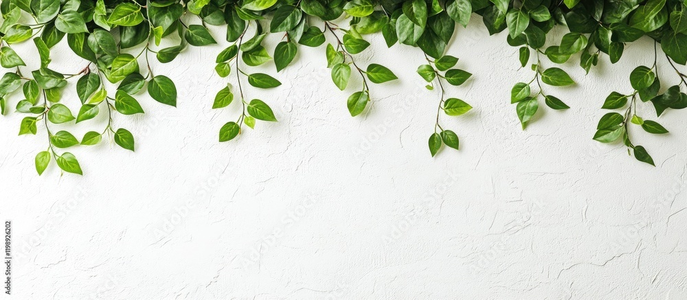 Poster green leaves arranged on a white textured background with ample copy space for text placement