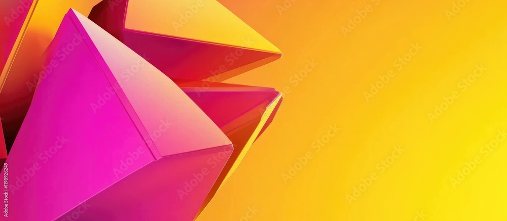 Poster abstract geometric shapes in vibrant pink and yellow gradient background with copy space for text pl