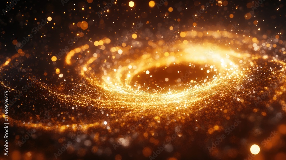 Poster golden swirling galaxy with sparkling particles and luminous cosmic backdrop featuring ample copy sp