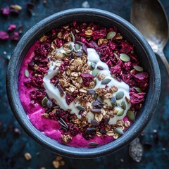 Vibrant smoothie bowl with granola and seeds topped with yogurt in a black bowl on a dark background Copy Space