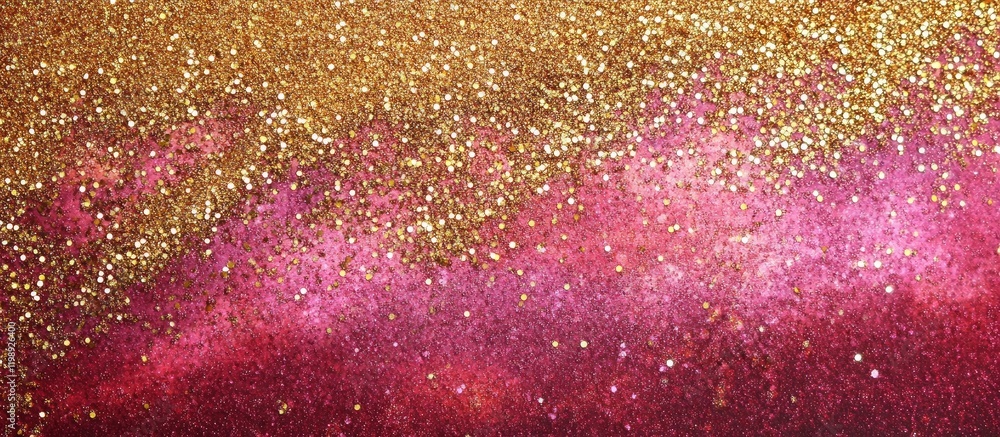 Poster glittery texture with pink and gold gradient sparkles on a blurred background with copy space for te