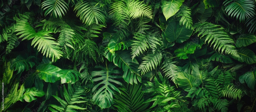 Aufkleber dense foliage background featuring a variety of green leaves and ferns with ample copy space for tex