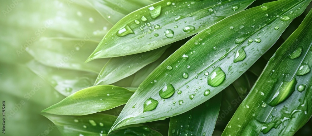 Poster green leaves with water droplets on surface in soft lighting environment with copy space for text pl
