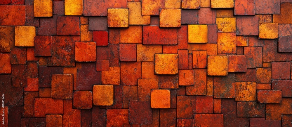 Poster textured wood panel background with warm orange and brown tones arranged in a mosaic pattern with co