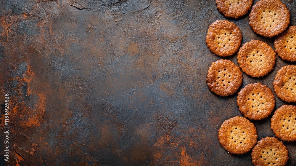 Poster cookies arranged on a dark textured background with copy space for text or design elements