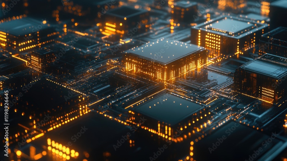 Aufkleber futuristic circuit board with glowing microchips and vibrant orange lighting showcasing advanced tec