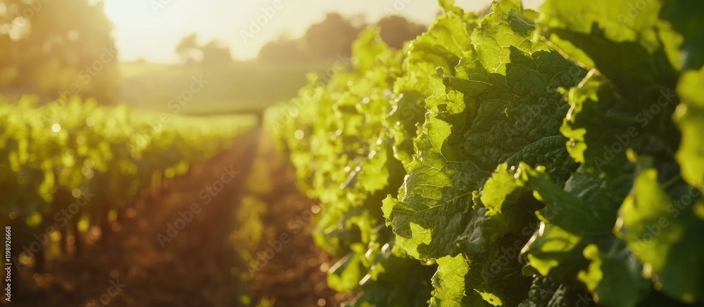 Poster sunset over lush green vineyard rows with backlighting and copy space for text placement.