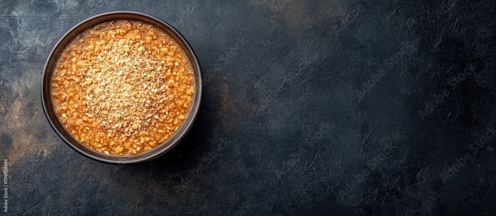 Aufkleber bowl of sesame seeds on a textured dark surface with ample copy space for text placement
