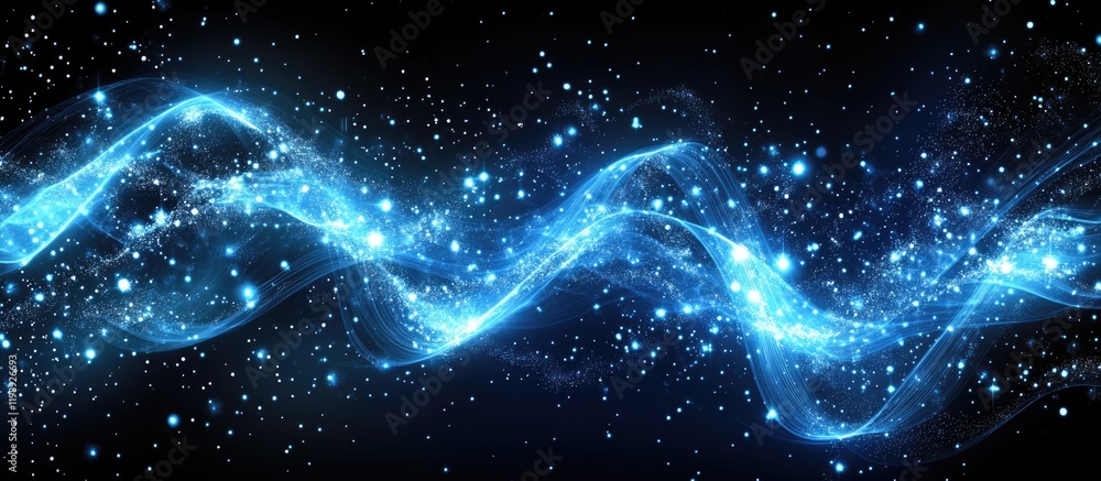 Poster blue glowing abstract wave with sparkling particles on dark background suitable for digital art and 