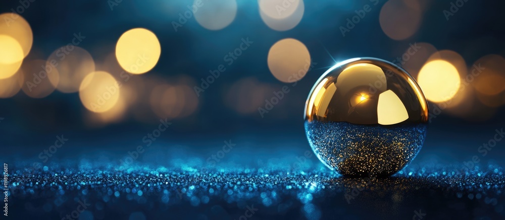 Poster reflective gold sphere on textured surface against a background of blurred bokeh lights with copy sp